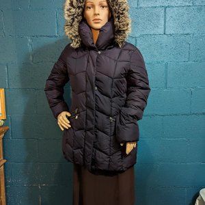 Larry Levine Purple Poufy Puffy Puffer Coat Faux Fur Lined Hood Size Medium